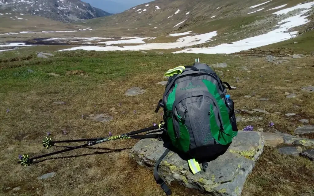 Backpack and poles for the hiking to the Rila Lakes